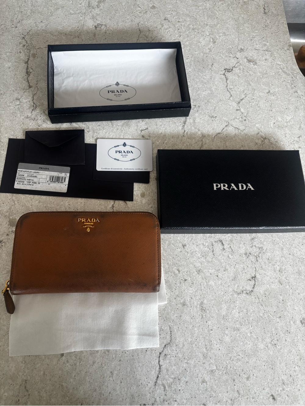 Genuine Prada Caramel Zip-Around Saffiano Leather Wallet with Gold Logo